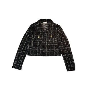 Sincerely Jules Women's Cropped Blazer Large Boucle Black White Check Metallic